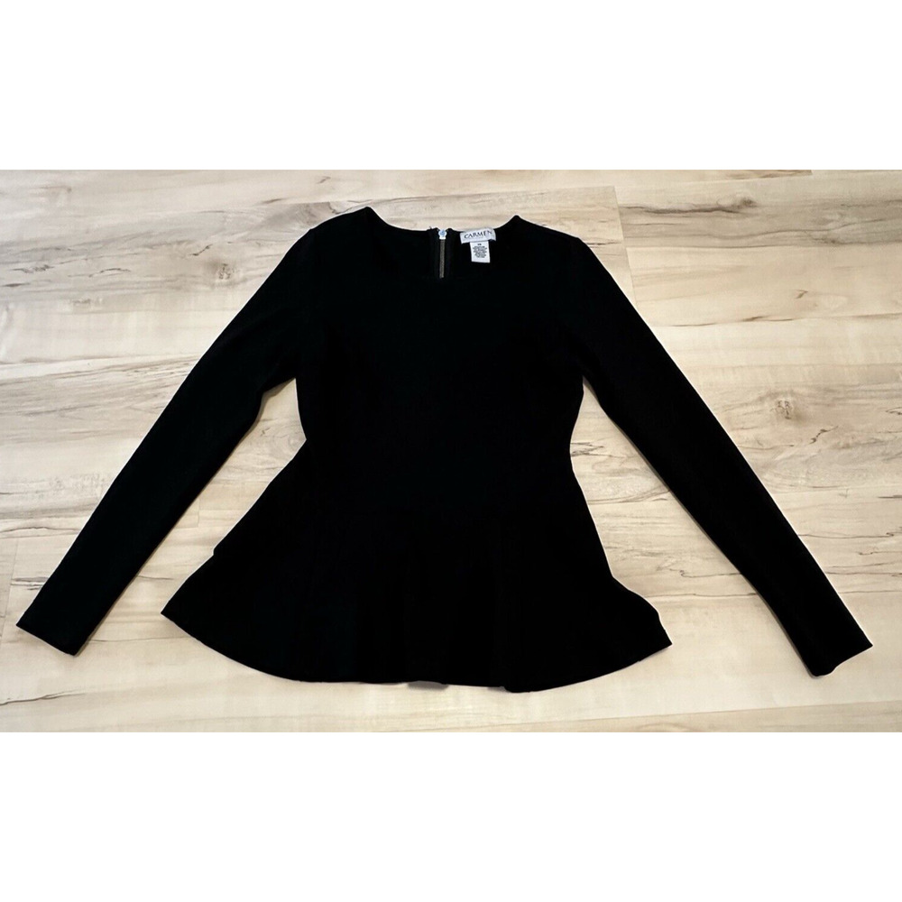 Carmen Marc Valvo Women XS Blouse‎ Peplum Back Zipper Long Sleeve Black